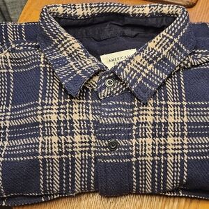 American Eagle Men's Blue and Beige Plaid Shirt Shacket